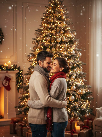 Beautiful young couple in warm sweaters standing near the Christmas tree at home.の素材