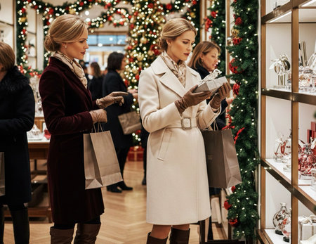 Two beautiful young women shopping in a department store. They are looking for gifts.の素材