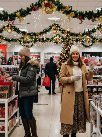 Two beautiful young women in coats and hats choosing Christmas gifts in the store.の素材