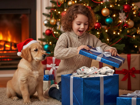 Happy little girl with golden retriever dog near Christmas tree at home.の素材