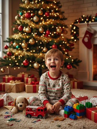 Cute little boy playing with toys in front of the Christmas tree.の素材