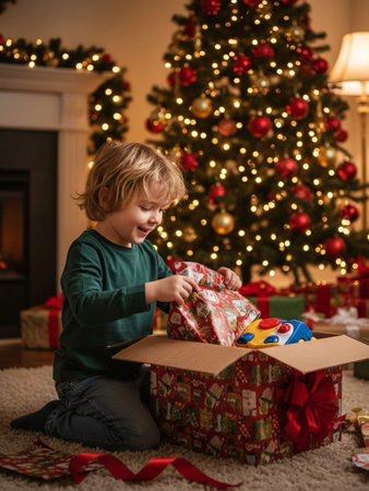 Boy opening a Christmas present in front of a fireplace at home in the living room.の素材