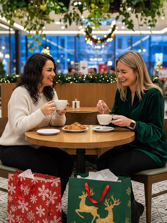 Merry Christmas and Happy Holidays. Two beautiful young women sitting at a table in a cafe and drinking coffee.の素材