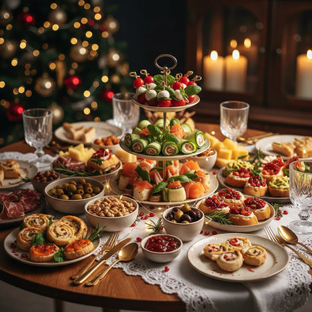 Festive table with appetizers and canapes for Christmas dinner.の素材