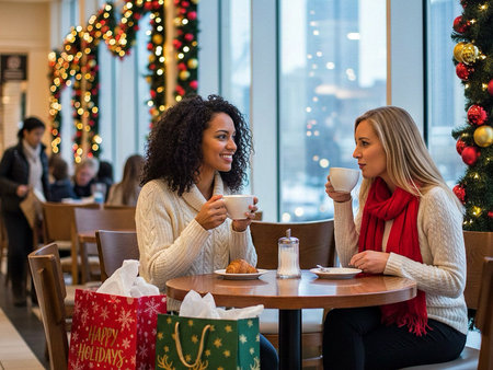 Beautiful young women drinking coffee and talking in cafe with Christmas tree in background.の素材