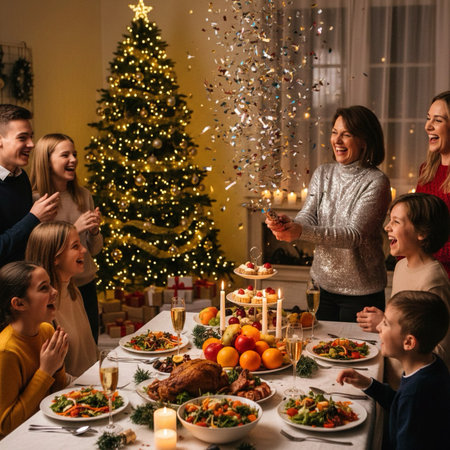 A happy family pops a confetti party cracker to celebrate the New Year.の素材