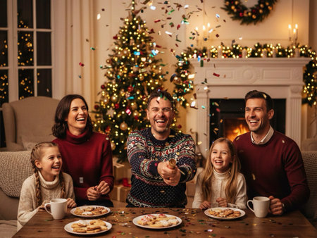 A happy family pops a confetti party cracker to celebrate the New Year. Christmas tree.の素材