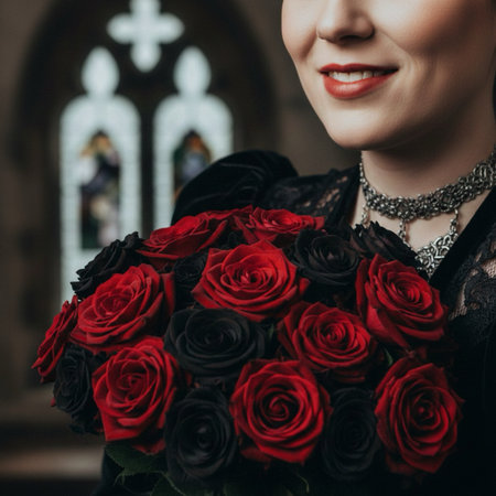 Beautiful gothic woman with a bouquet of red roses in the church.の素材