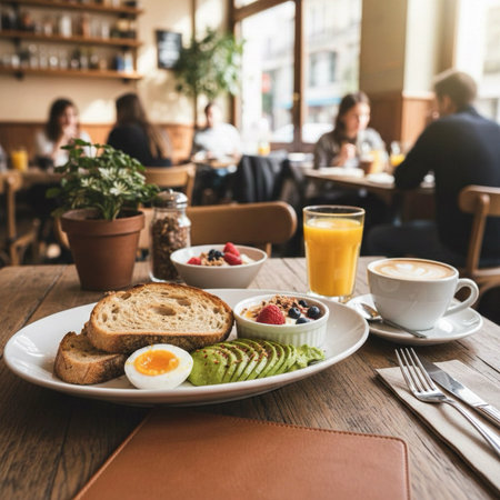 Breakfast in a cafe. Toast with avocado, berry fruit and coffee.の素材