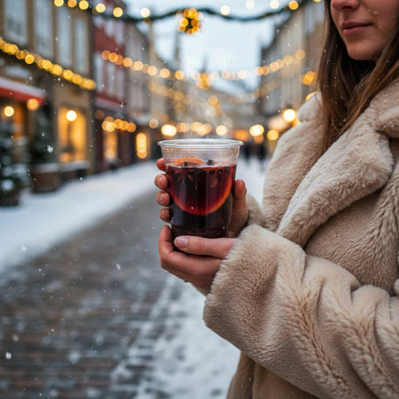 A girl in an eco fur coat holds a glass of mulled wine on the background of a winter street.の素材
