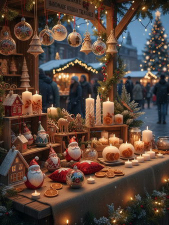 Christmas market. Decorated Christmas trees, candles, gingerbread houses, candlesticks and other decorations.の素材