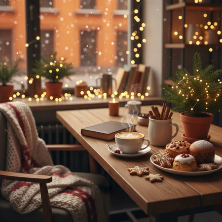 Cup of coffee and cookies on table in cafe at winter day.の素材