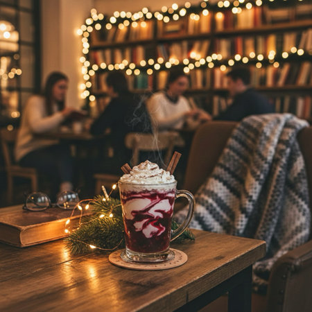 Hot chocolate with whipped cream in a glass cup on a wooden table.の素材