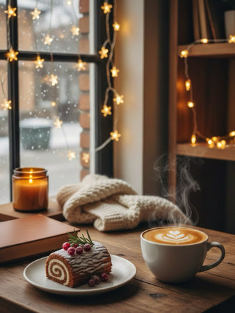 Cup of coffee with cake and knitted scarf on wooden table in cozy cafe.の素材