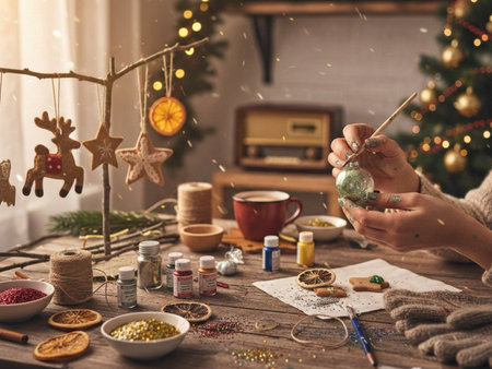 Hands of woman decorating Christmas tree with gingerbread cookies at home. Ornament. Craft. Handmade.の素材