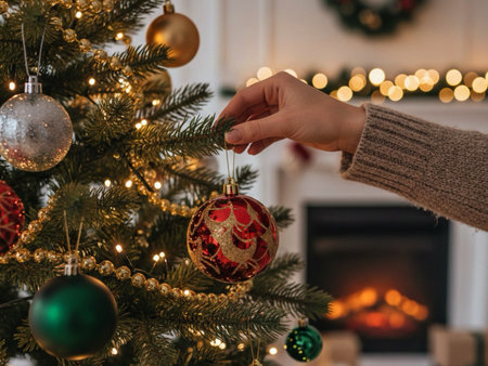 Woman decorating christmas tree with baubles.の素材