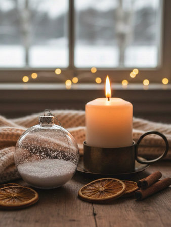 Christmas still life with burning candle, cup of tea, cinnamon sticks, dried orange slices and knitted scarf on windowsill background.の素材