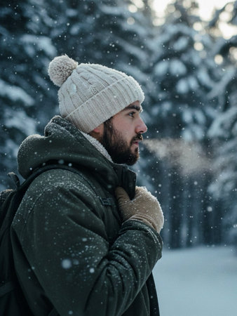 Portrait of a bearded man in a snowy forest. Winter fashion.の素材
