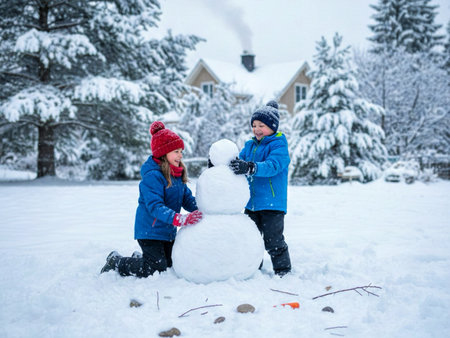 Two happy kids making snowman in winter park. Children playing with snow outdoors.の素材
