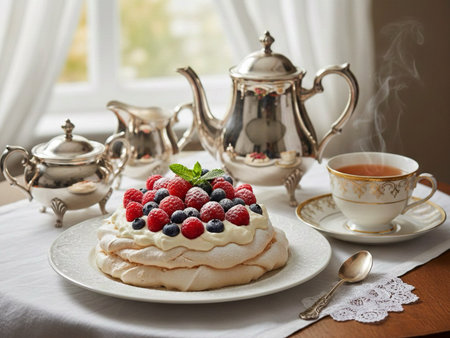Meringue Pavlova with fresh berries on a white plate.の素材