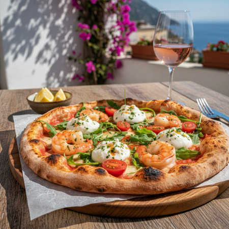 Pizza with prawns, mozzarella and arugula.の素材