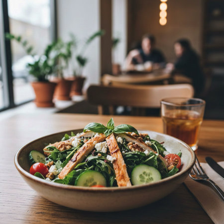 Healthy salad with chicken and vegetables in a rustic cafe.の素材
