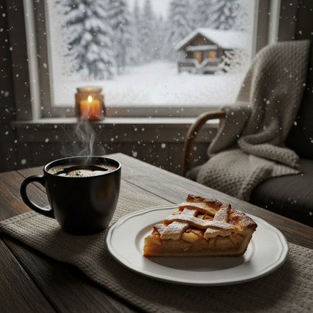 Cup of coffee and apple pie on the background of a winter landscapeの素材