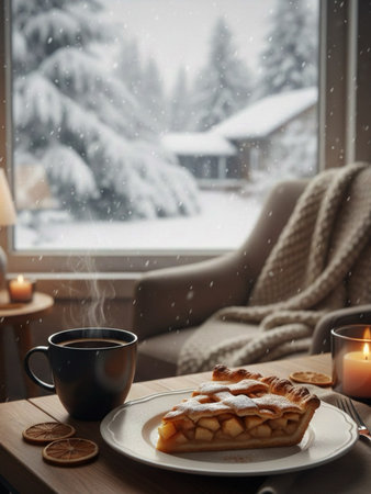 Cup of coffee and delicious apple pie on wooden table near window.の素材
