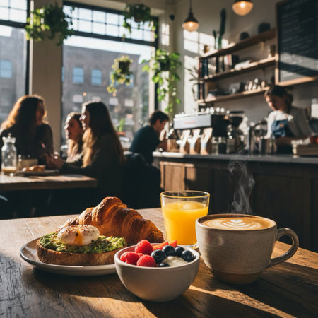 Breakfast in a cafe with croissants, coffee and orange juice.の素材