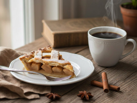 Cup of coffee and apple pie on wooden table.の素材