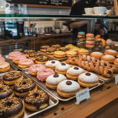 Group of assorted donuts on display in a bakery shop.の素材