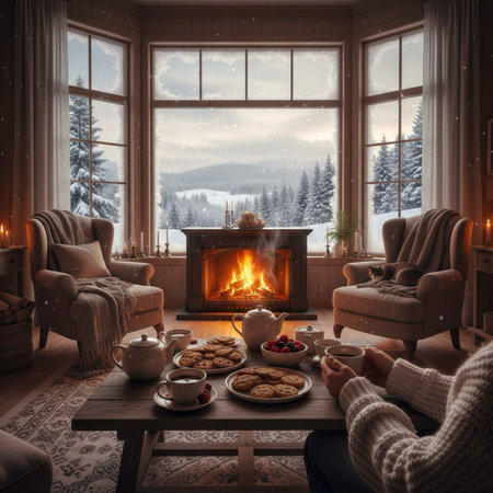 A girl is sitting in a cozy living room with a panoramic window overlooking the mountain range. Winter evening.の素材