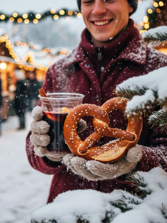 Young man holding a glass of mulled wine and pretzel on the background of the Christmas market.の素材