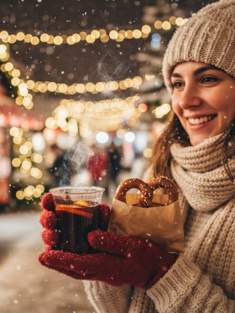 Young woman holding hot mulled wine and pretzel on Christmas market.の素材
