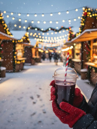 Woman holding a cup of hot chocolate on the background of Christmas market.の素材
