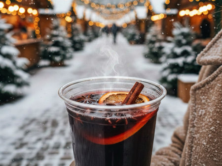 Glass of mulled wine with spices on the background of Christmas decorations.の素材