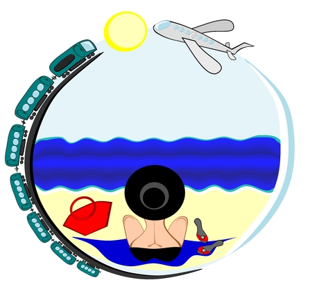 Travel - I want to go to the sea - a picture on a round background on which a woman in a bathing suit and hat sits with her back to the viewer and looks at the sea, along the contour of the picture a train rides and a plane fliesの写真素材