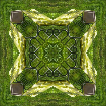 Square, a kaleidoscope of a photo of a bench with a heart - geometry, rhythm, pattern