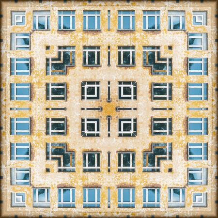 The windows on the old yellow wall with collapsed plaster - a pattern square from the photo. Background, texture, architecture, pattern, openwork, design, elementsの写真素材