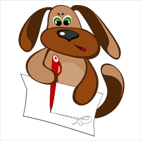 Drawing, vector illustration - dog Zakhar writes a letter. Brown dog with a red pen with blue ink writes something on a white piece of paper (the inscription - scribble)のイラスト素材