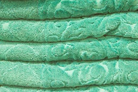 Score. Shelves with towels. Bath accessories. Terry towels are beautiful neat stacks. Colour. Life...
