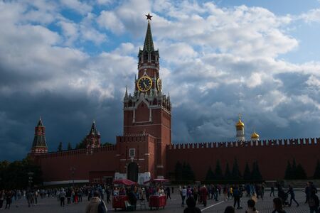 Moscow, Russia - August 2019. Moscow, the Kremlin, the Mausoleum on Red Square and many tourists of...