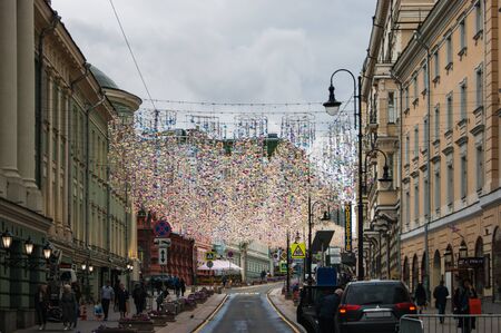 Tourist Moscow, center. One of the streets is decorated with very beautiful lamps with glass pendants. Design, landscapeのeditorial素材