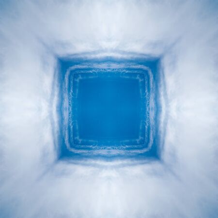 Design element, pattern, square, geometric seamless pattern and frame in blue and white colors. Sky with cloudsの写真素材