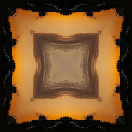 Design element, pattern, square, geometric seamless pattern and frame of orange and black elements. Contrast tile from a sunset photo over the plant. Kaleidoscope from an industrial landscapeの写真素材