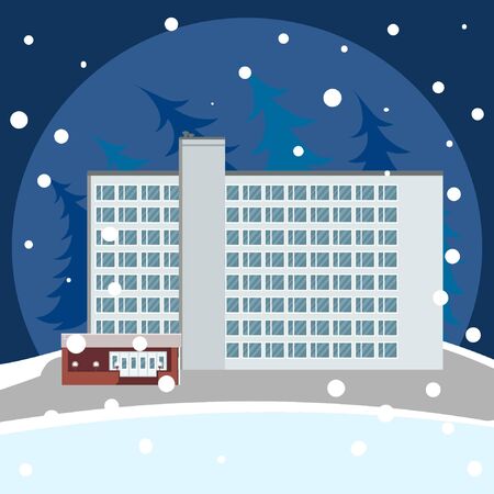 A gray eight-story building with a brown porch in the snow against the blue sky and spruce forest. Snowfall, winter, snowdrifts, coldのイラスト素材