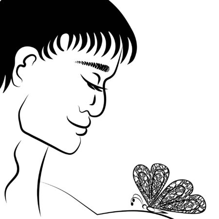 Black-and-white graphics, art - butterfly effect, butterfly on man's shoulderのイラスト素材
