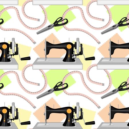 Seamless pattern. A black old sewing machine, a tailor s centimeter, and tailors large scissors for sewing with zigzag blades and black handles lie on three multi-colored shreds.のイラスト素材