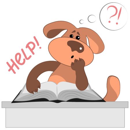 Vector illustration on a white background, square. The dog at the table with a very thick book. Freelance, distance learning, remote work, loneliness, difficulties, helpのイラスト素材