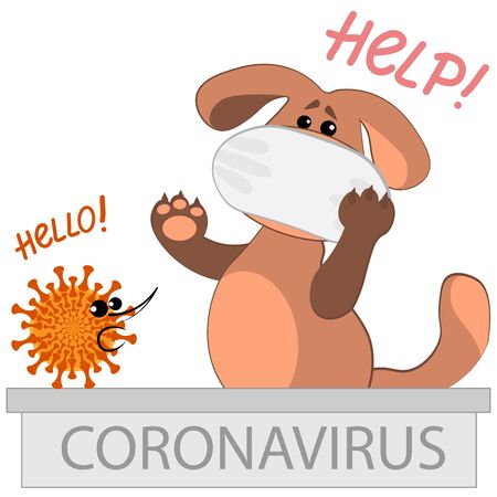 Vector illustration on a square background - a dog in a medical mask and a very terrible coronavirus. Sudden meeting. Help. How to escape from a pandemic. A global epidemic.のイラスト素材
